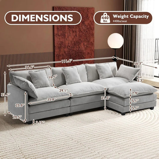 L Shaped Modern Sofa Modular Sectional Cloud Couch with Ottoman - Ohberri