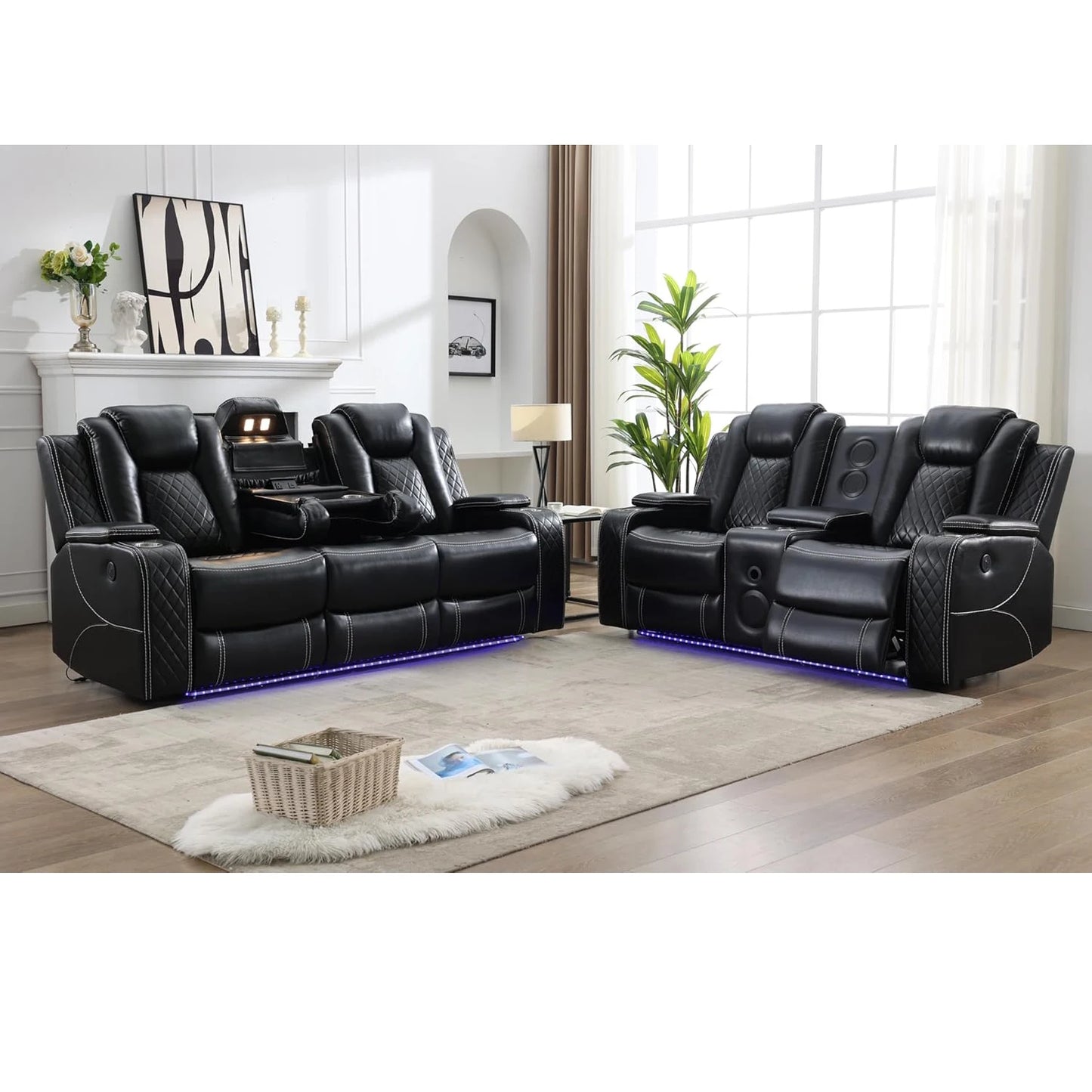 5 Seater Faux Leather Power Recliner Sofa Set with Drop-Off Table, Wireless Charger & Type-C, Loveseat with Bass Speaker - Ohberri