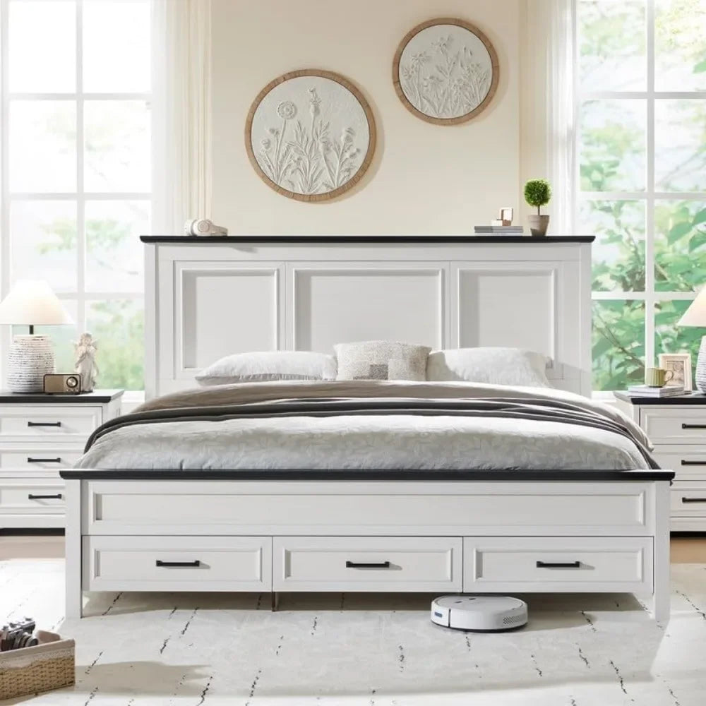 Farmhouse King Size Bed Frame with 52" Tall Full-Panel Headboard, Wood Platform Storage Drawers - Ohberri