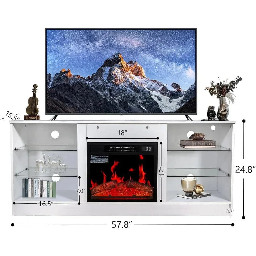 Fireplace LED TV Stand for Televisions 43 50 55 60 65 Center and Media Console with Storage Drawers and Glass Shelves Ohberri