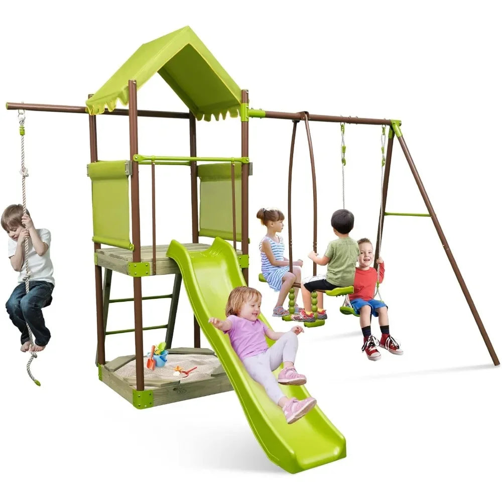 Swing Sets for Backyard, 7-in-1 Heavy Duty Metal Swing Set Glider and Swing, Outdoor Playset for Playground, Gift for Kids Ohberri