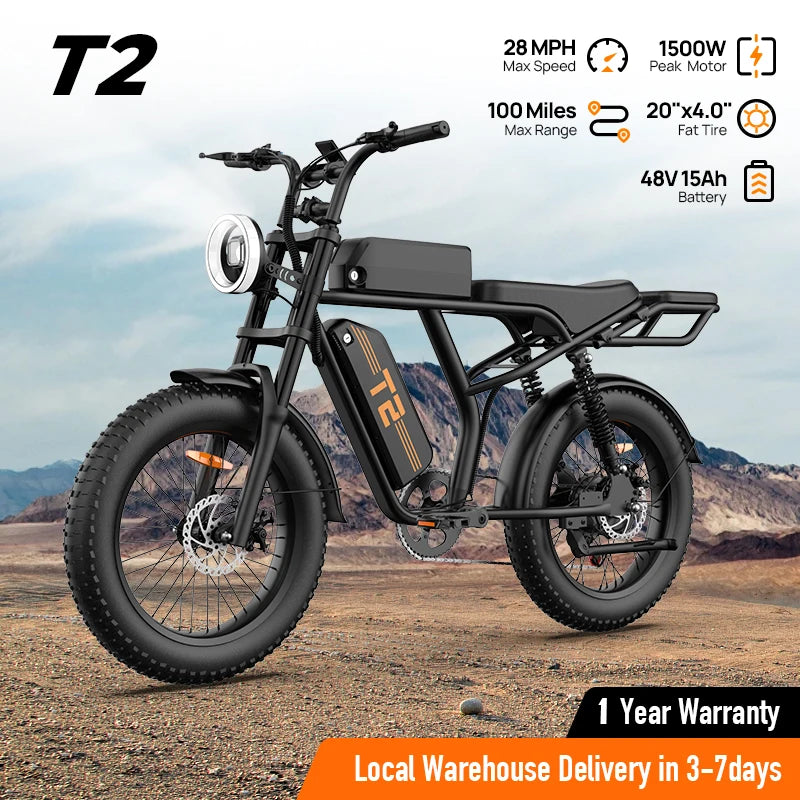 1500W Peak Electric Mountain Bike 48V 15.6Ah 28MPH 100 Mile Range 20X4" Fat Tire - Ohberri