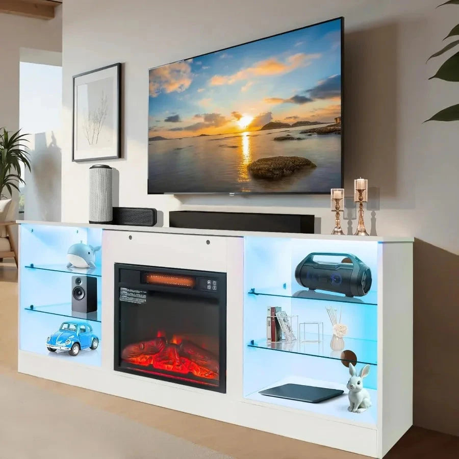 Fireplace LED TV Stand for Televisions 43 50 55 60 65 Center and Media Console with Storage Drawers and Glass Shelves Ohberri