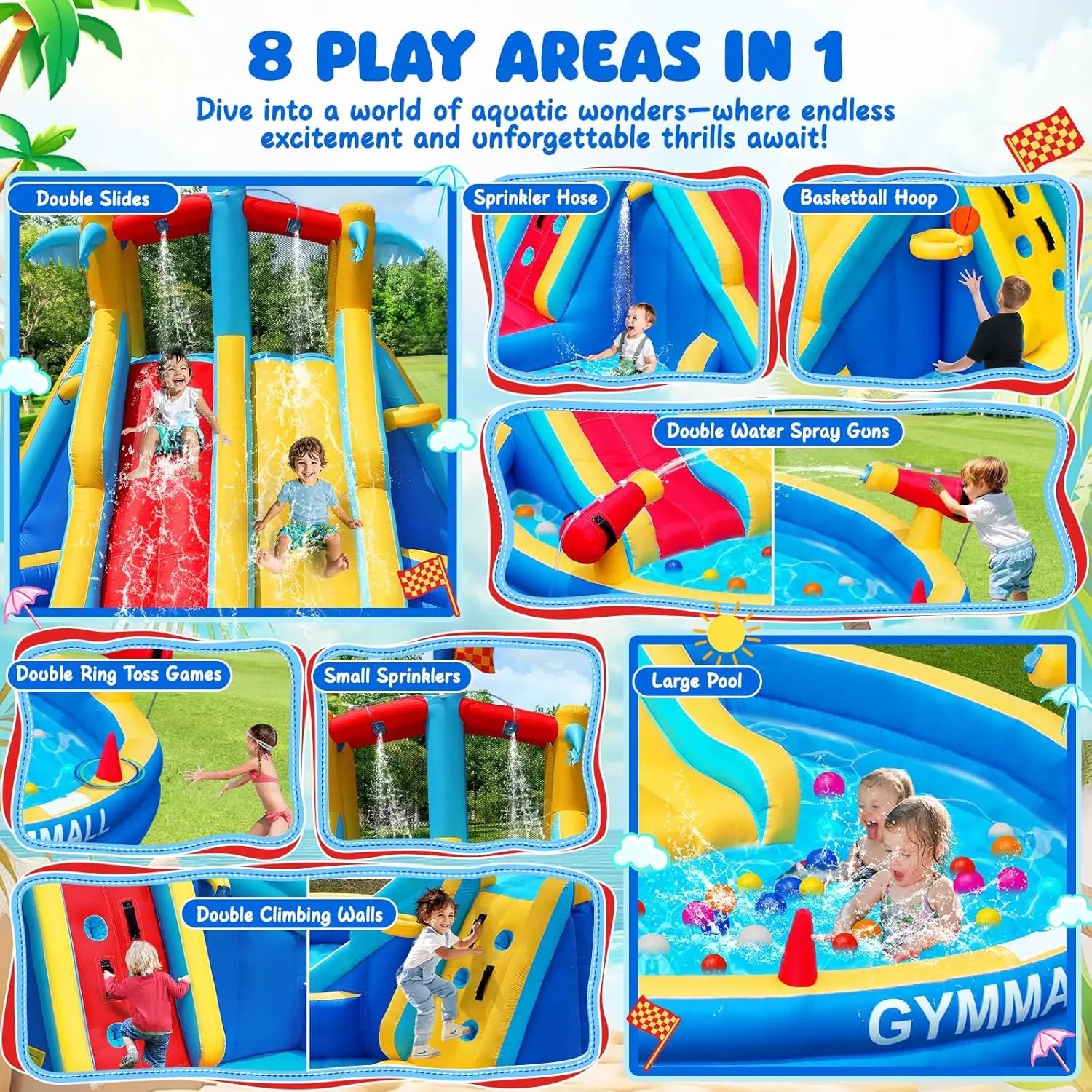Inflatable Water Slide Bounce House with 550 W Blower, Blow up 8-in-1 Waterslide - Ohberri