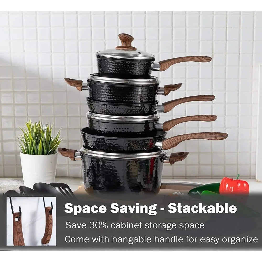 Induction Cookware Sets 15 Pcs Black Hammered -Granite Ohberri