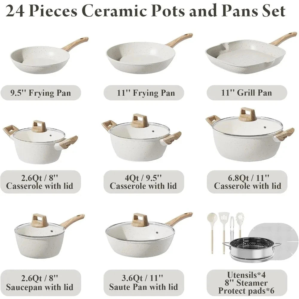 24 Pcs Pots and Pans Set, Non Stick Ceramic Cookware Set with 3 Stockpots, Healthy Non-Toxic, Large Capacity Ohberri
