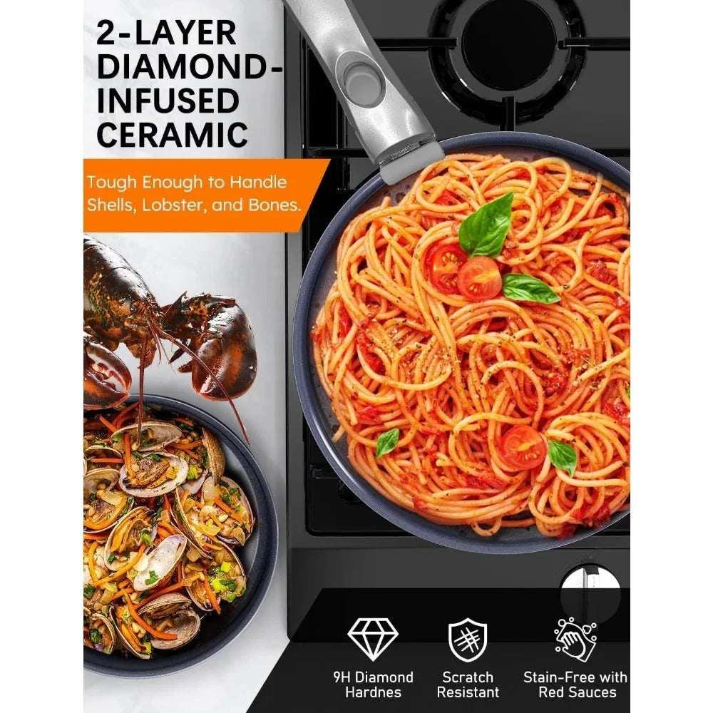 12PC Hybrid 3-Ply Stainless Steel Skillet&Nonstick Pots and Pans Set Ohberri