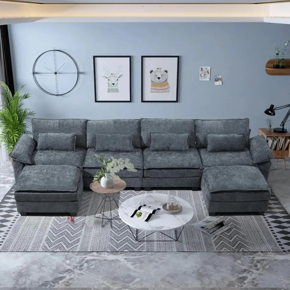 Cloud Couch Sectional with USB, Movable Ottoman, 3-Layer, Modern - Ohberri