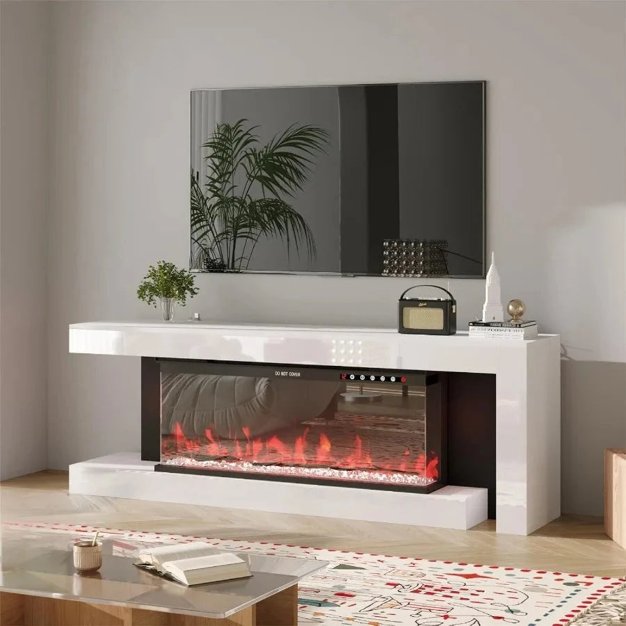 TV Stand with Electric Fireplace LED Lights High Gloss Ohberri