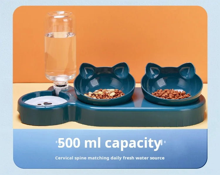 Pet Bowls With Water Feeder, 3 In 1 Ear Design Tilted Cat Water And Food Bowl Set With Gravity Water Bottle For Neck Protection Ohberri
