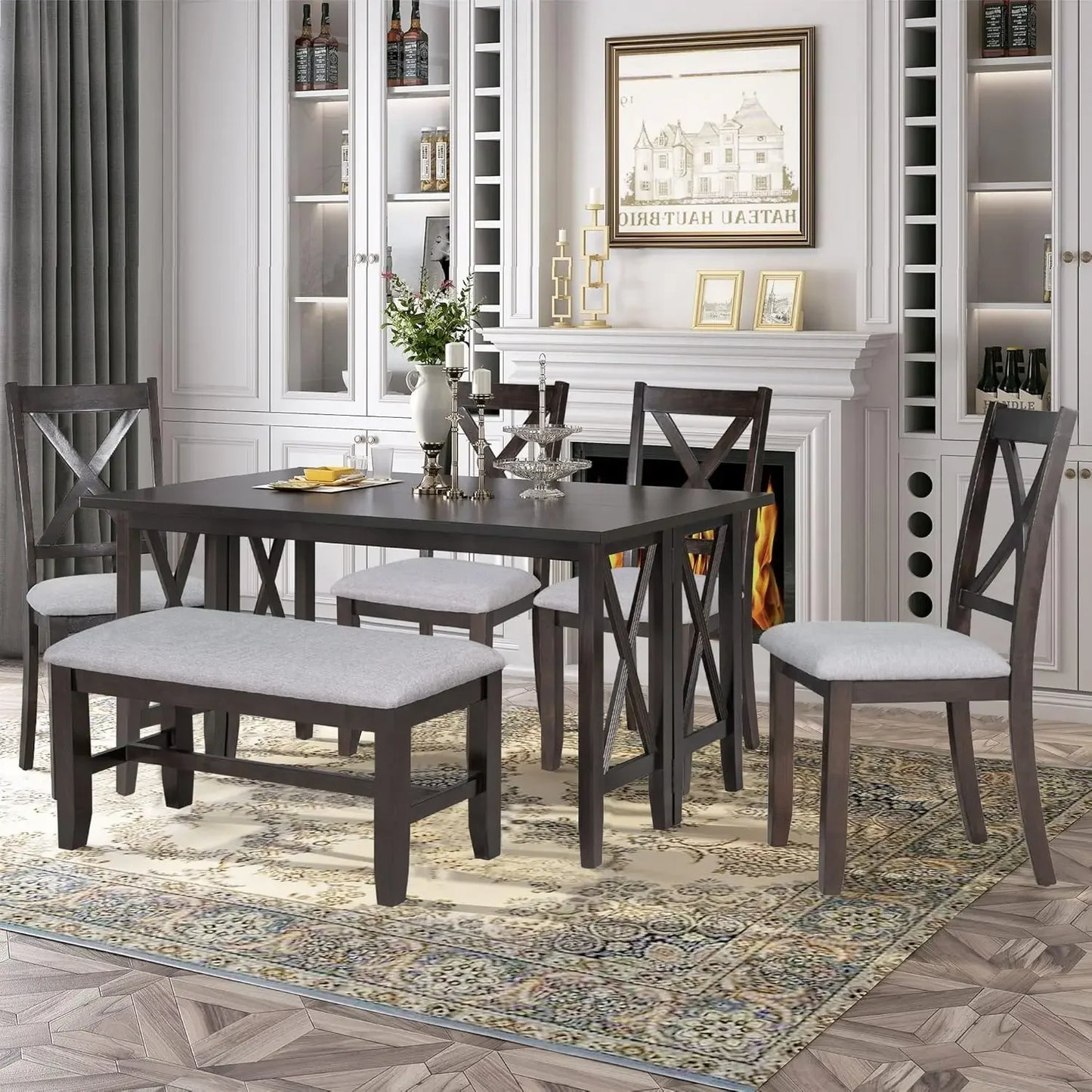 Farmhouse Dining Room Table Set with Storage Shelf Wooden 6 Piece Kitchen Table Set with Bench and Chairs - Ohberri