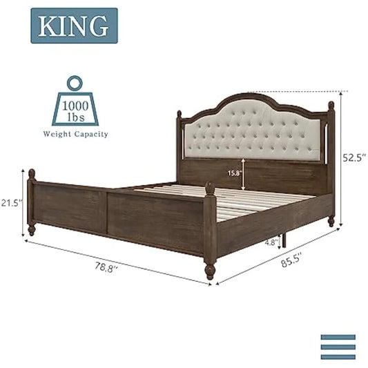 King Size Wood Bed Frame with Upholstered Headboard, Solid Wood Platform Bed with Linen Tufted - Ohberri