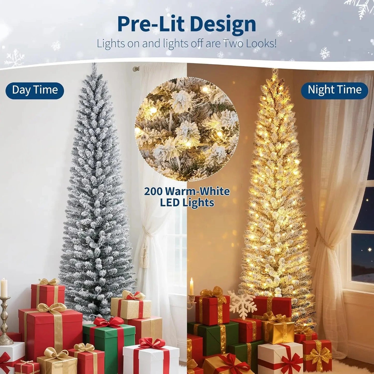 6FT/7.5FT/9FT Pre-lit Pencil Christmas Tree Artificial Xmas Tree With Light Ohberri