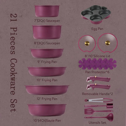 21pcs Pots and Pans Set, Nonstick Cookware Set Detachable Handle, Induction Ohberri
