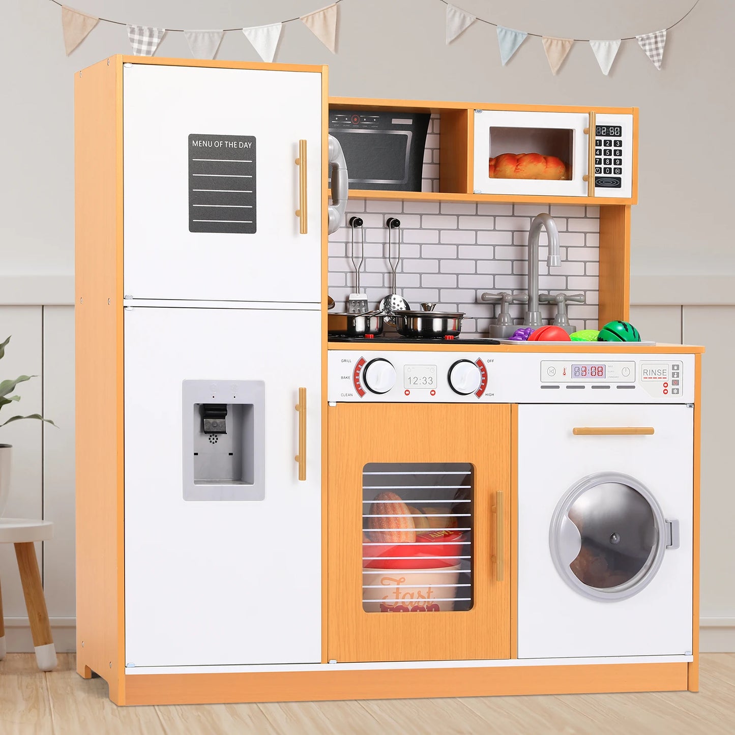 Wooden Kitchen Pretend Play Set with Simulated Light and Sound Effects, Food,Cookware - Ohberri