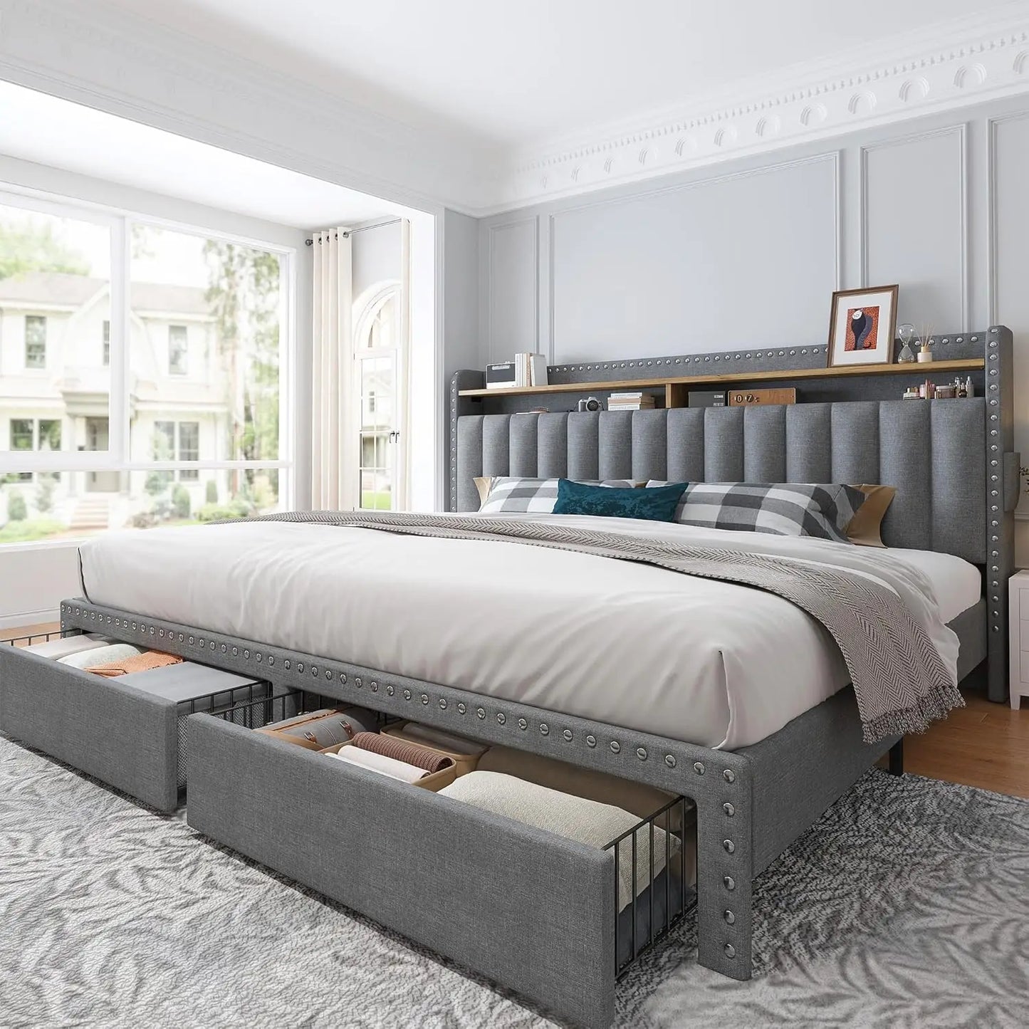 King Size Bed Frame with Storage and Headboard Upholstered King Bed Frame - Ohberri