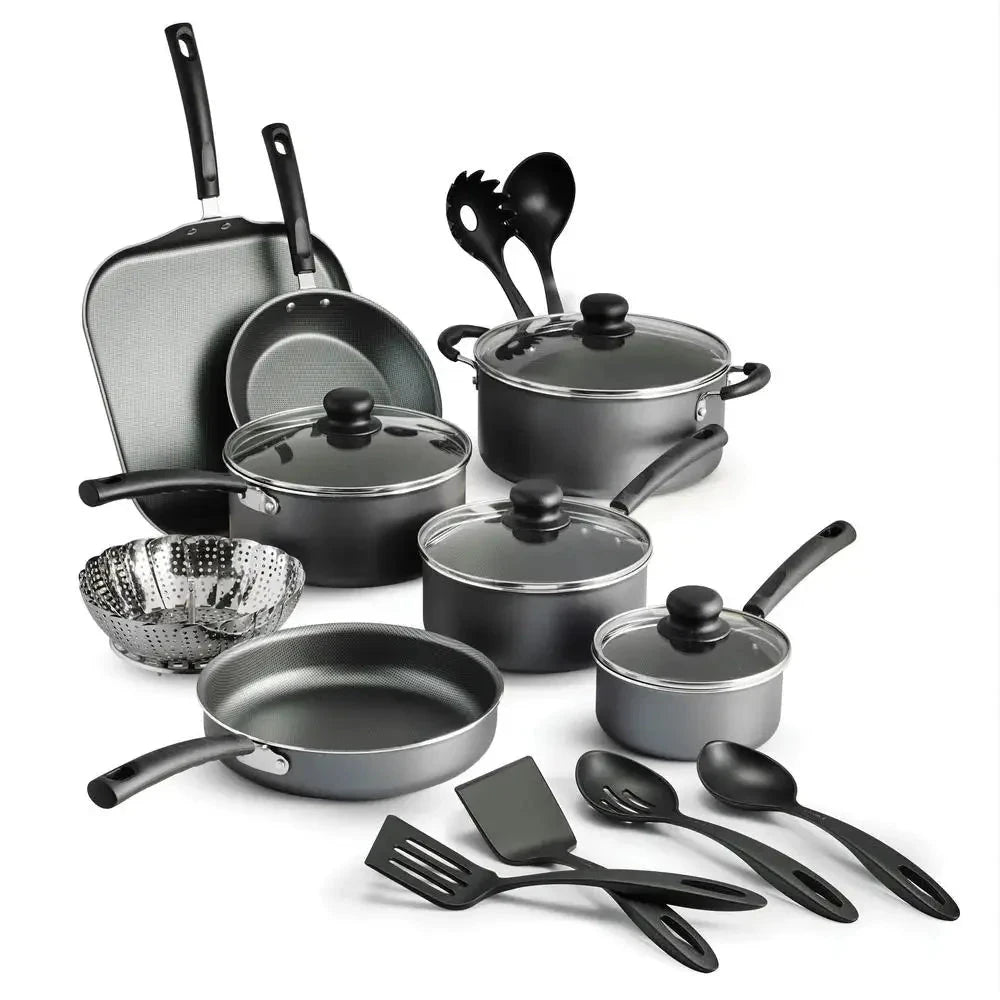 18-Piece Stainless Steel Nonstick Cookware Set Gray Tempered Glass Lids Ohberri