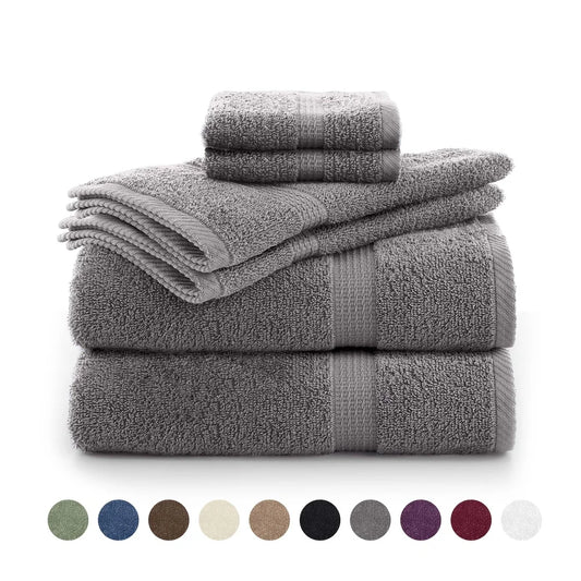 6-Piece Towel Set 600 GSM 100% Cotton Ultra Absorbent Soft Bath Towels Essential Bathroom Shower Pool Quick Dry Washcloths Hand - Ohberri