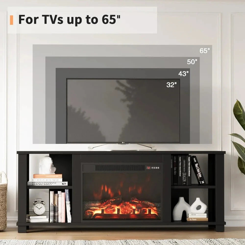 fireplace tv stand for television up to 65 inch, modern with storage shelves -black Ohberri