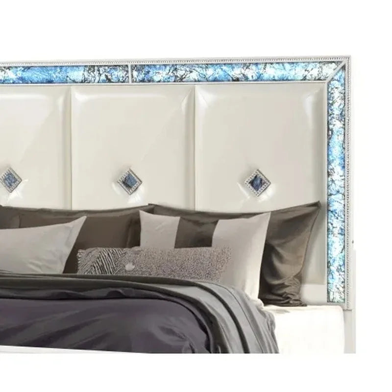 5 Pc King Upholstered Bedroom Set with Wood and Crystal Accents in White - Ohberri