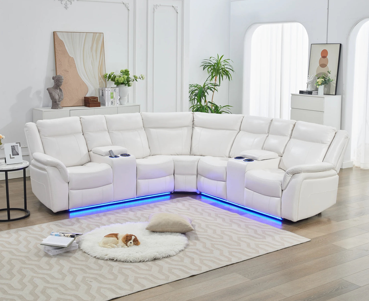Power Recliner with LED Lights, USB, Cup Holders Storage Console Faux Leather Sectional - Ohberri