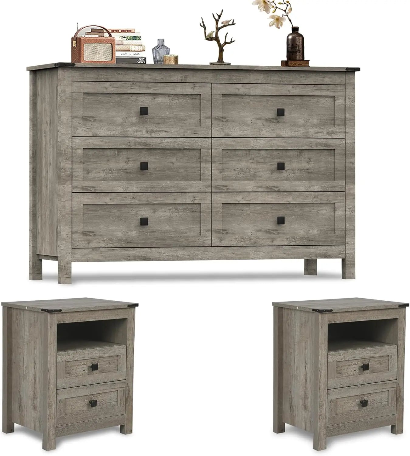 Farmhouse 3 Pieces Bedroom Furniture Set, Rustic Wood 6 Drawer Dresser and Nightstands - Ohberri