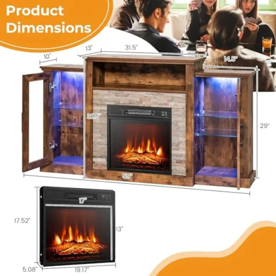 Electric Fireplace TV Stand for TVs Up to 65" TV Console with 16Color LED Light Adjustable Glass Shelves 19" Fireplace Ohberri