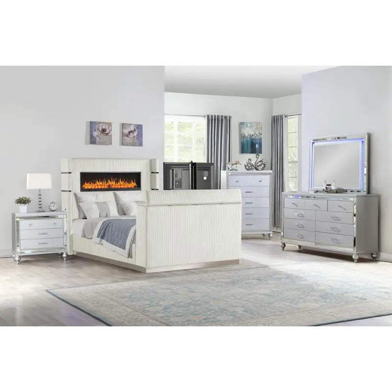 5 Pc Queen Bedroom Set with Fireplace Headboard & Footboard, Beige Wood Finish - Ohberri