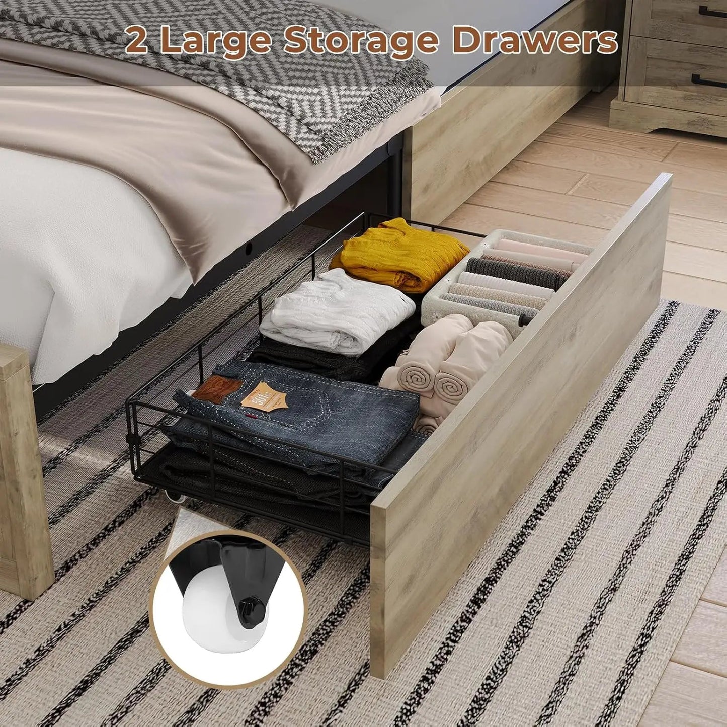 Farmhouse Bed Frame with Bookcase Headboard and 2 Drawers, Wooden Platform , Rustic Brown Ohberri