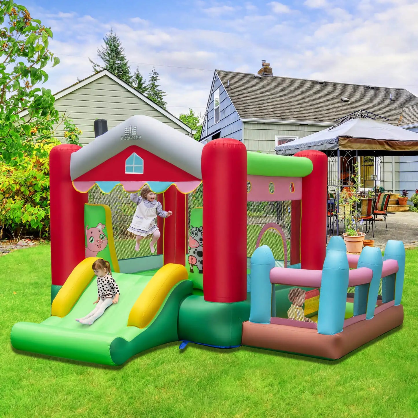 4-in-1 Farm Themed Inflatable Bounce House with Slide Ball Pit & Basketball Hoop - Ohberri