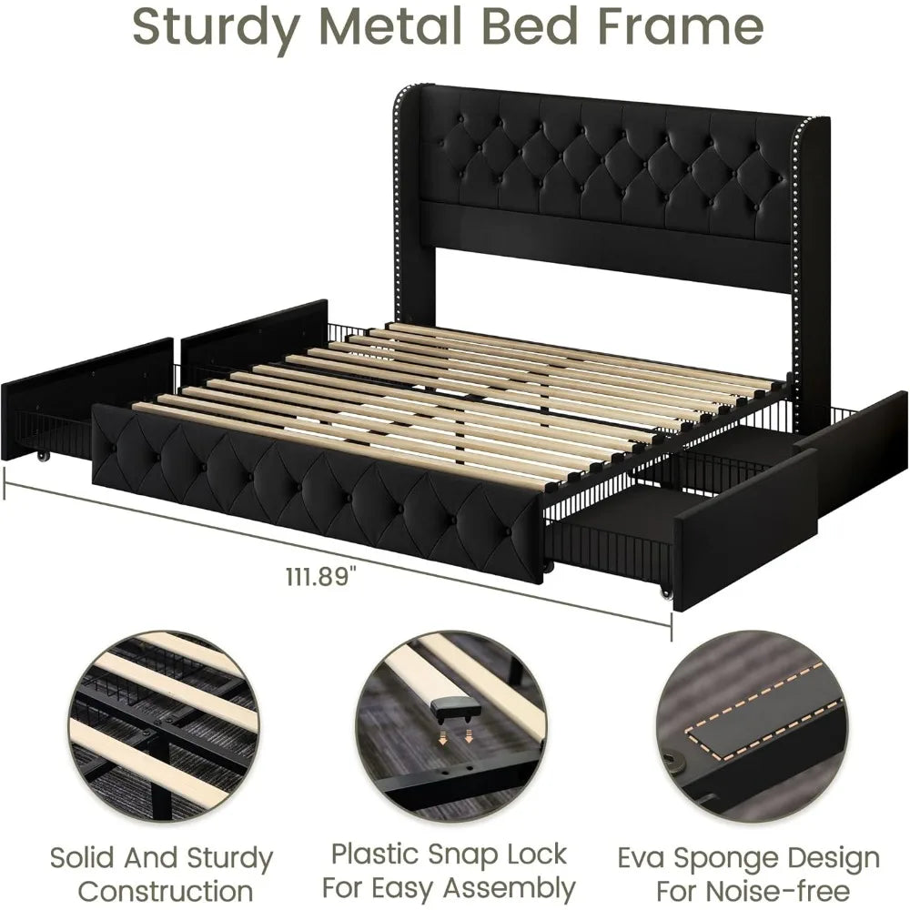 Bed Frame with 4 Storage Drawers and Tufted Headboard Velvet Upholstered Platform - Ohberri