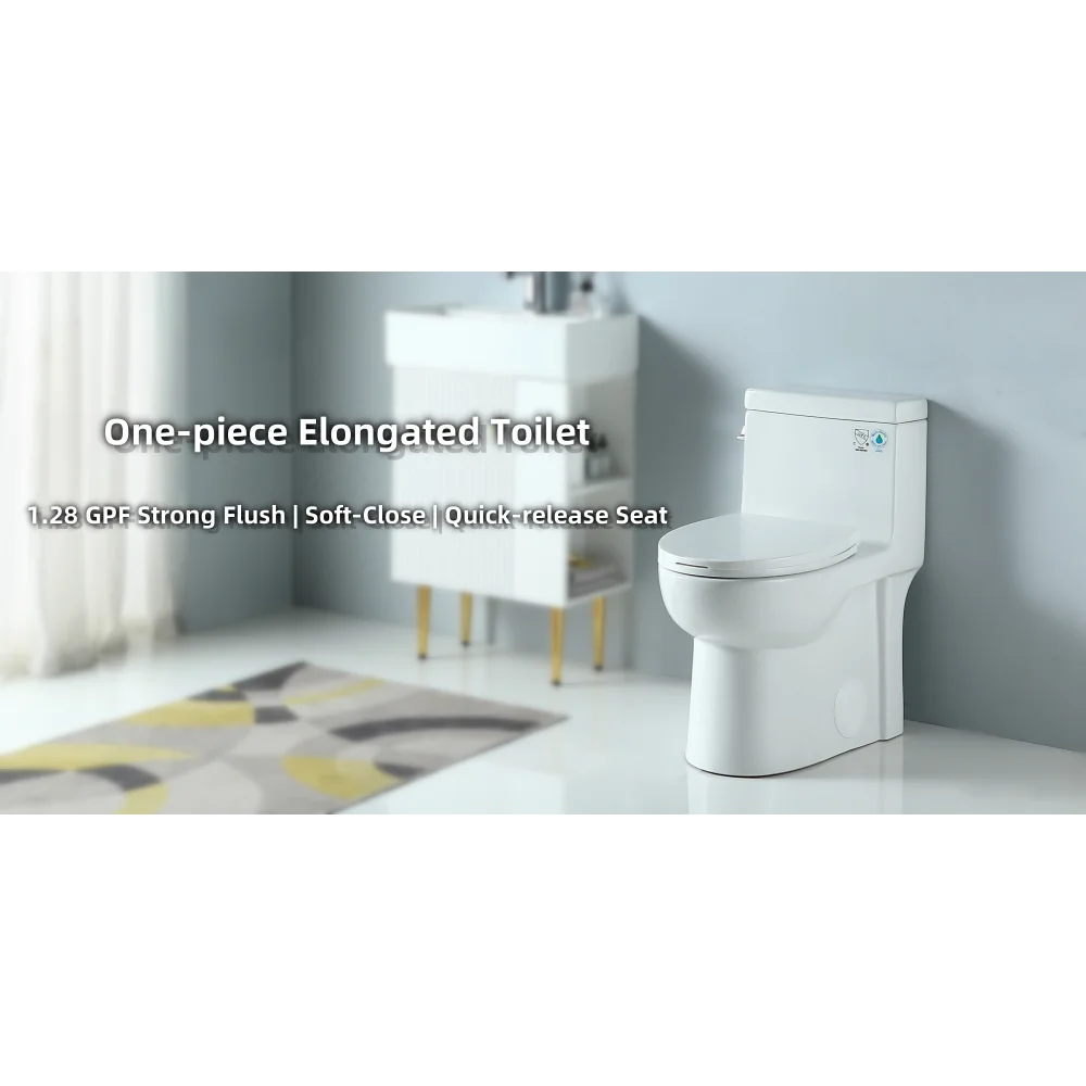 1.28 GPF Single-flush One Piece Toilet, Water-Saving Elongated Ohberri