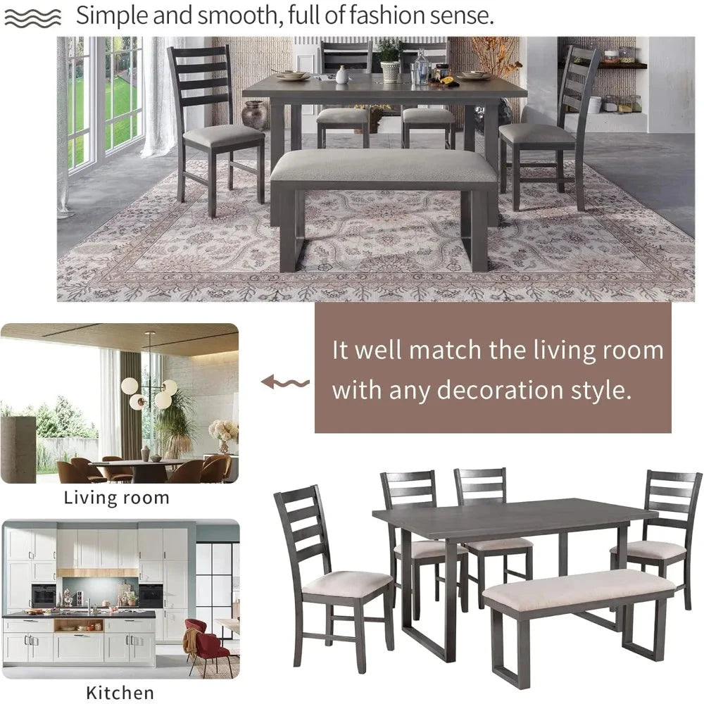 6 Piece Dining Table Set with Rectangular Table and 4 High Back Upholstered Dining Chairs and Tufted Bench Ohberri