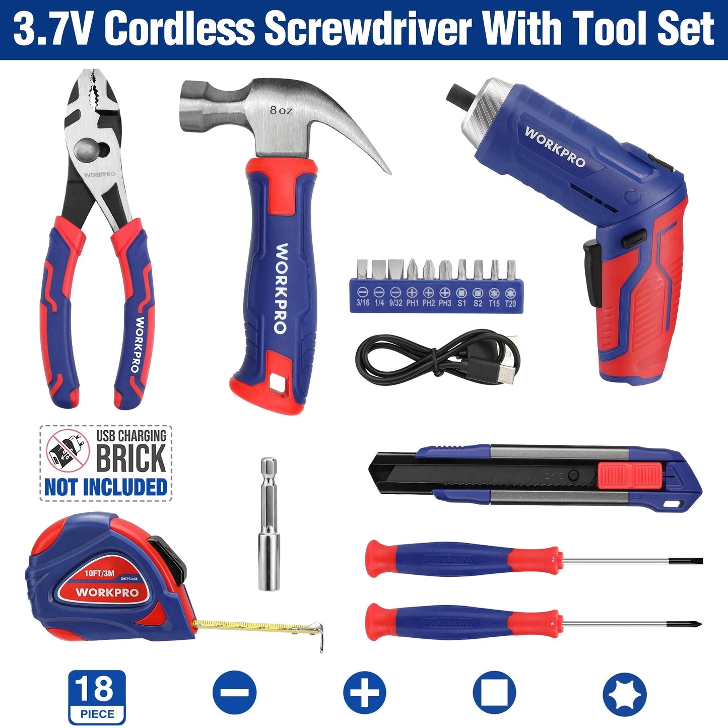 WORKPRO 3.7V Electric Screwdriver with 18pc Tool Kit Ohberri