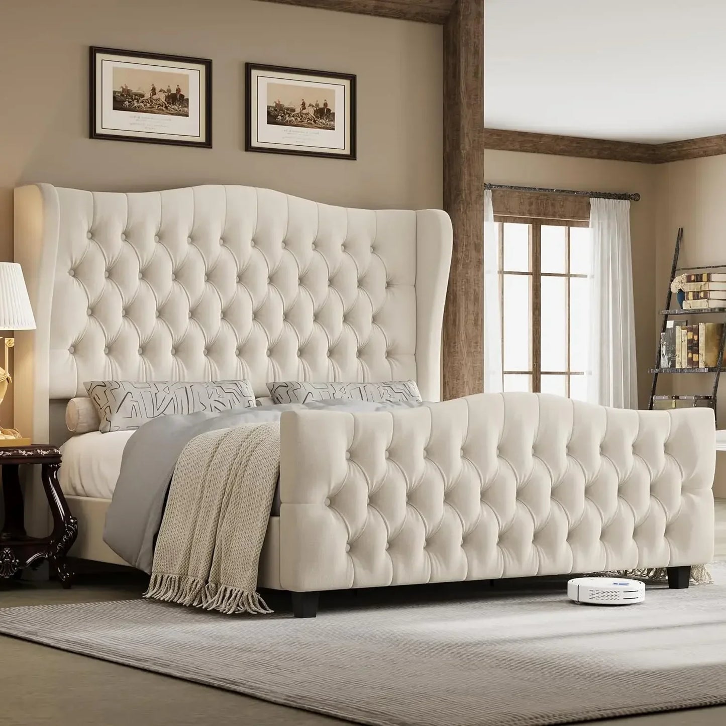 Velvet Upholstered Deep Button Tufted Wingback Headboard and Footboard - Ohberri