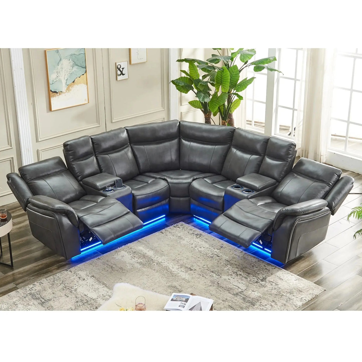 Power Recliner with LED Lights, USB, Cup Holders Storage Console Faux Leather Sectional - Ohberri