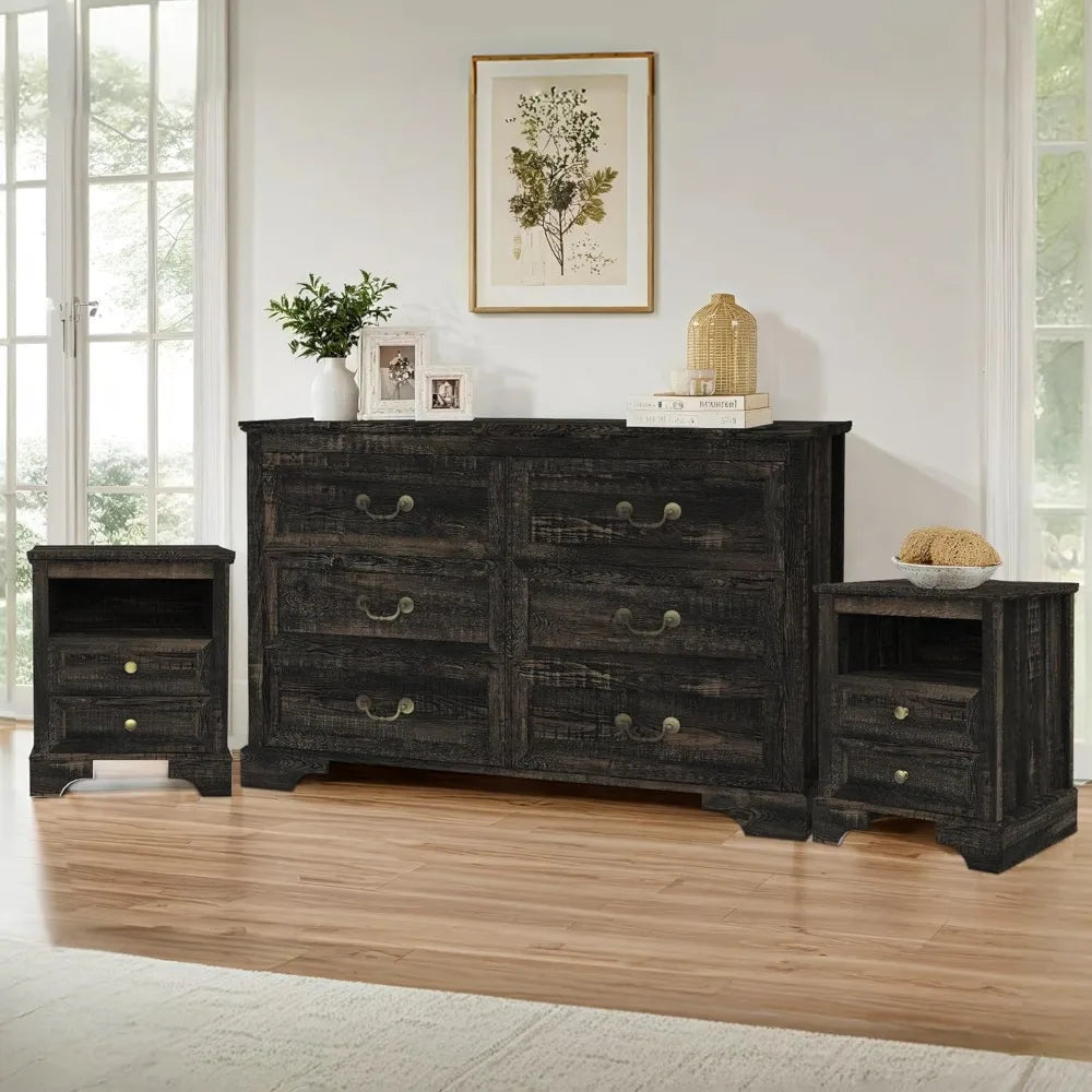 Farmhouse 3 Pieces Bedroom Furniture Set, Rustic Wood 6 Drawer Dresser and Nightstands - Ohberri