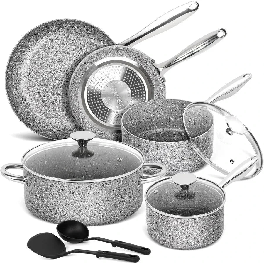 Pots and Pans Set 10 Piece Cookware Set with Granite Coatings for Super Nonstick Ohberri
