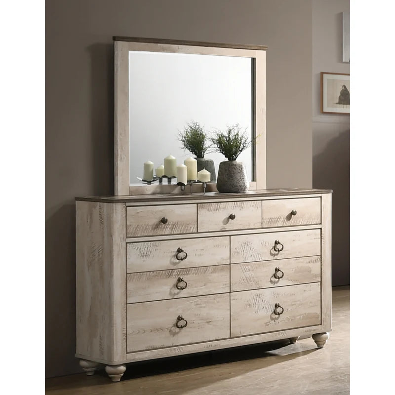Imerland Contemporary White Wash Finish Bedroom Set, Queen Bed , Dresser, Mirror, Nightstand, Chest - Ohberri
