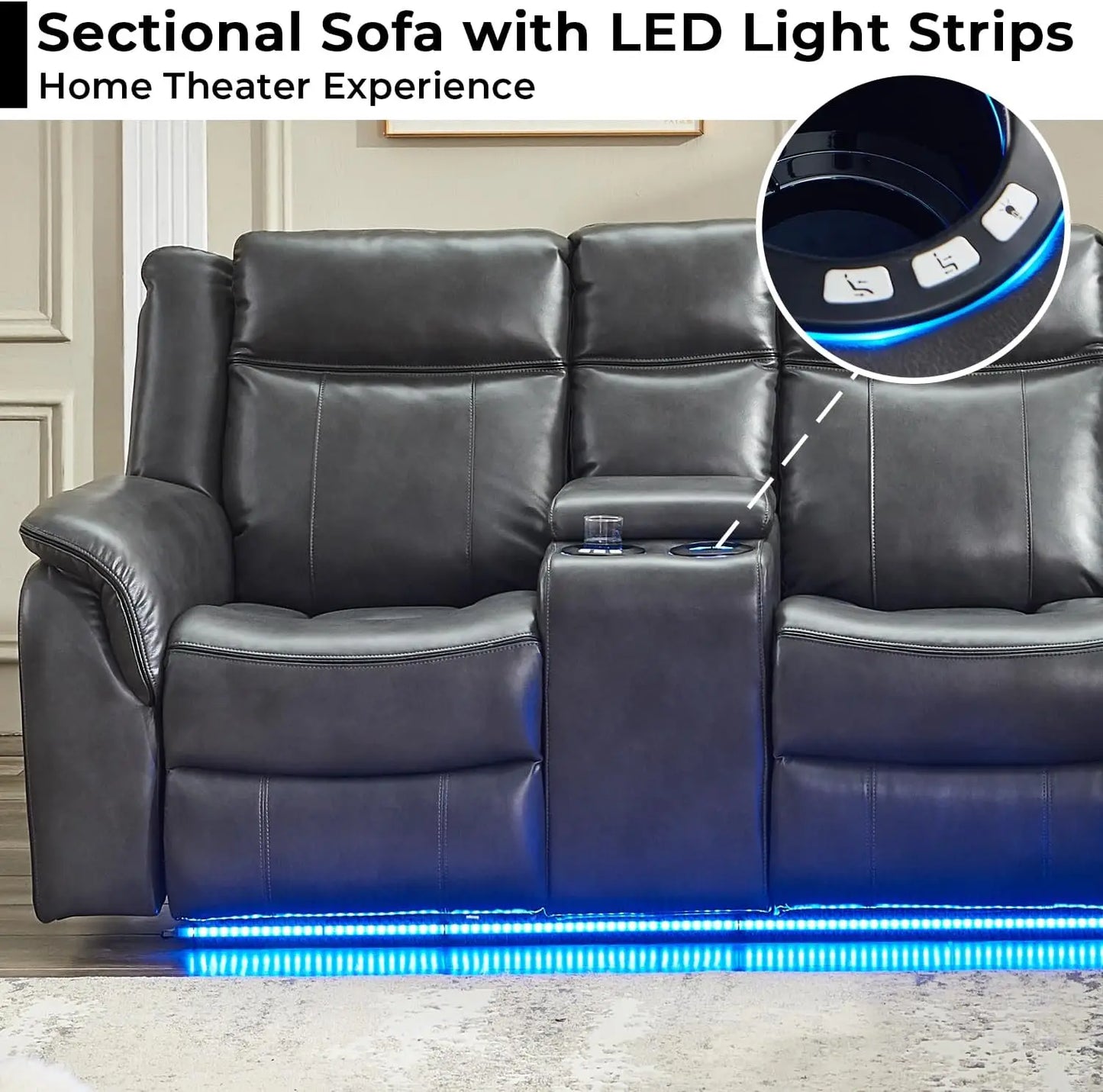 Power Recliner with LED Lights, USB, Cup Holders Storage Console Faux Leather Sectional - Ohberri