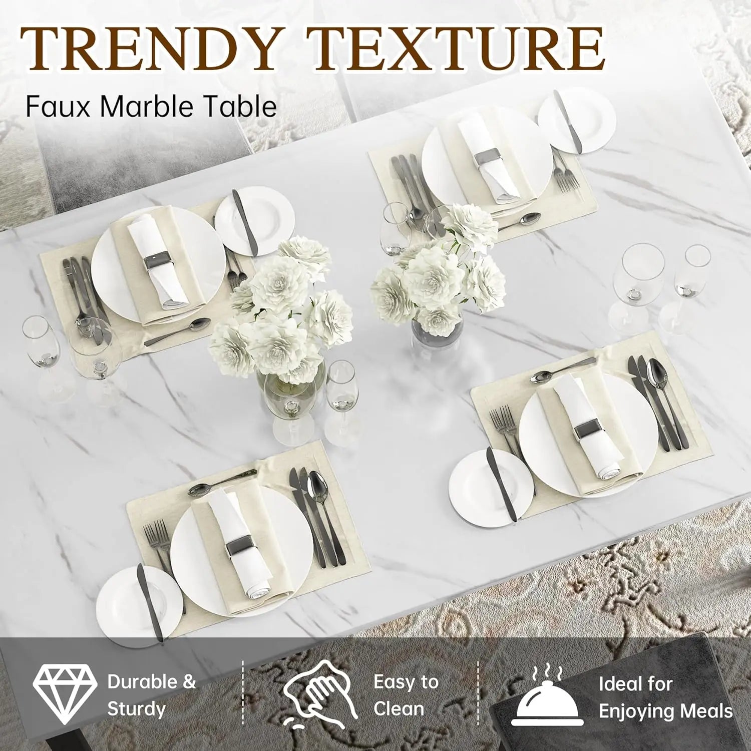 Dining Table Set for 4, Faux Marble Small Kitchen Table Chairs Set of 4 with Luxurious Button Tufted Dinner Chairs - Ohberri