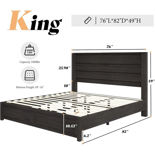 Farmhouse King Size Bed Frame with 49" Fluted Headboard, Wood Platform Bed - Ohberri