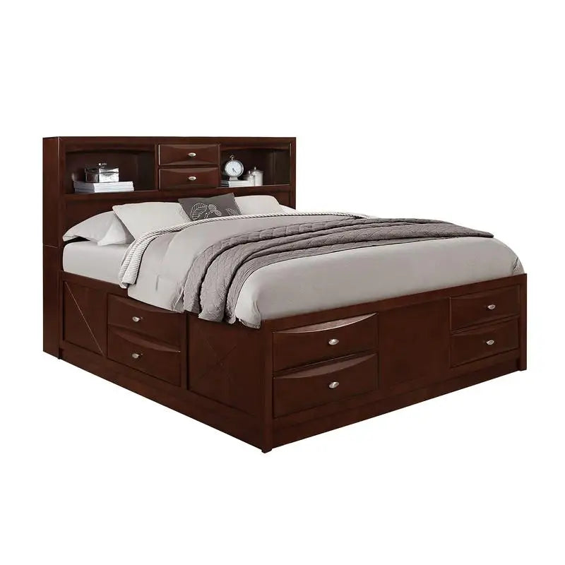 5PC Queen Size Bedroom Set - Lucille Style Merlot Finish with Bed, Dresser, Nightstand & Mirror - Ohberri