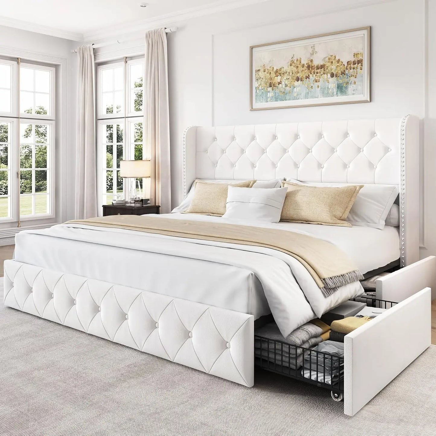Bed Frame with 4 Storage Drawers and Tufted Headboard Velvet Upholstered Platform - Ohberri