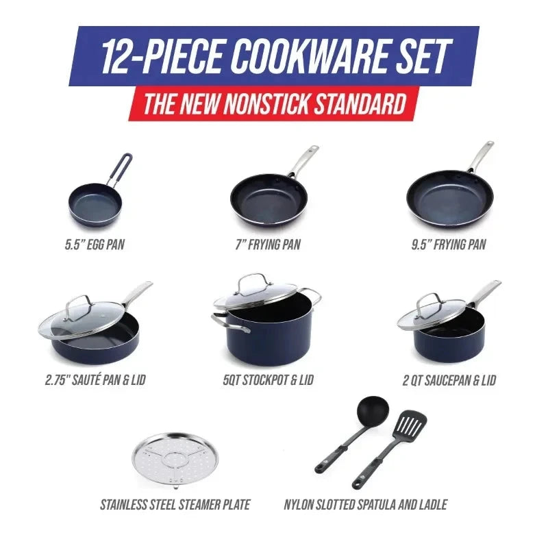Blue Diamond 12-Piece Toxin-Free Ceramic Nonstick Pots and Pans Cookware Set Ohberri
