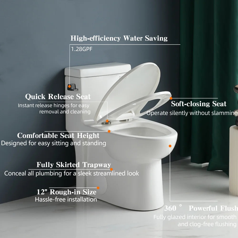 1.28 GPF Single-flush One Piece Toilet, Water-Saving Elongated Ohberri