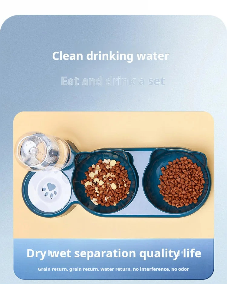 Pet Bowls With Water Feeder, 3 In 1 Ear Design Tilted Cat Water And Food Bowl Set With Gravity Water Bottle For Neck Protection Ohberri