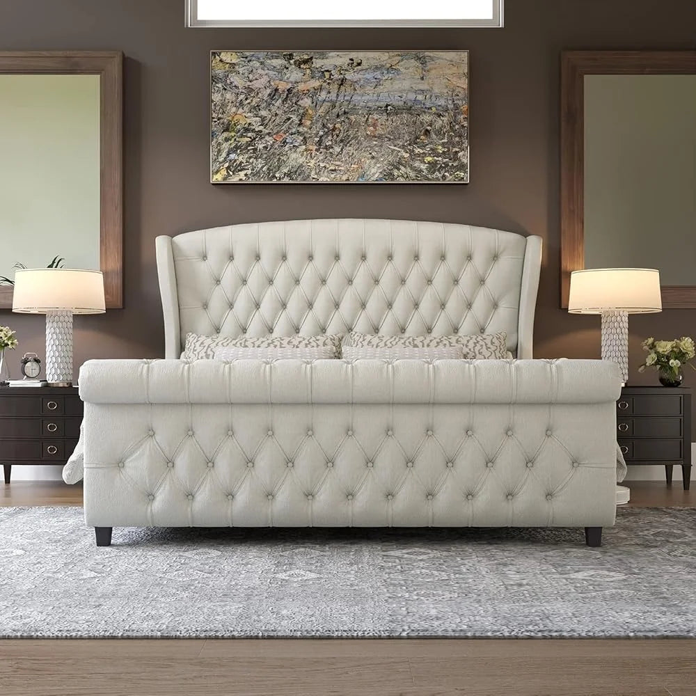 King Size Upholstered Sleigh Bed Craftsmanship Button Tufted Wingback Headboard - Ohberri