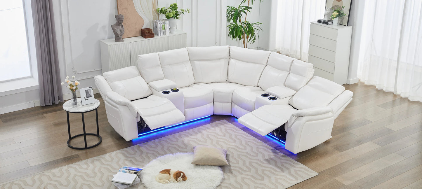 Power Recliner with LED Lights, USB, Cup Holders Storage Console Faux Leather Sectional - Ohberri