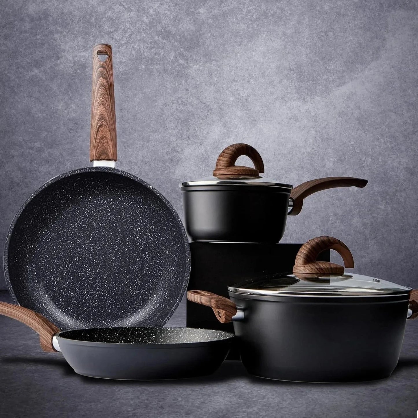 Pots and Pans Set Non Stick, Ceramic Cookware Set with Granite Pattern Ohberri